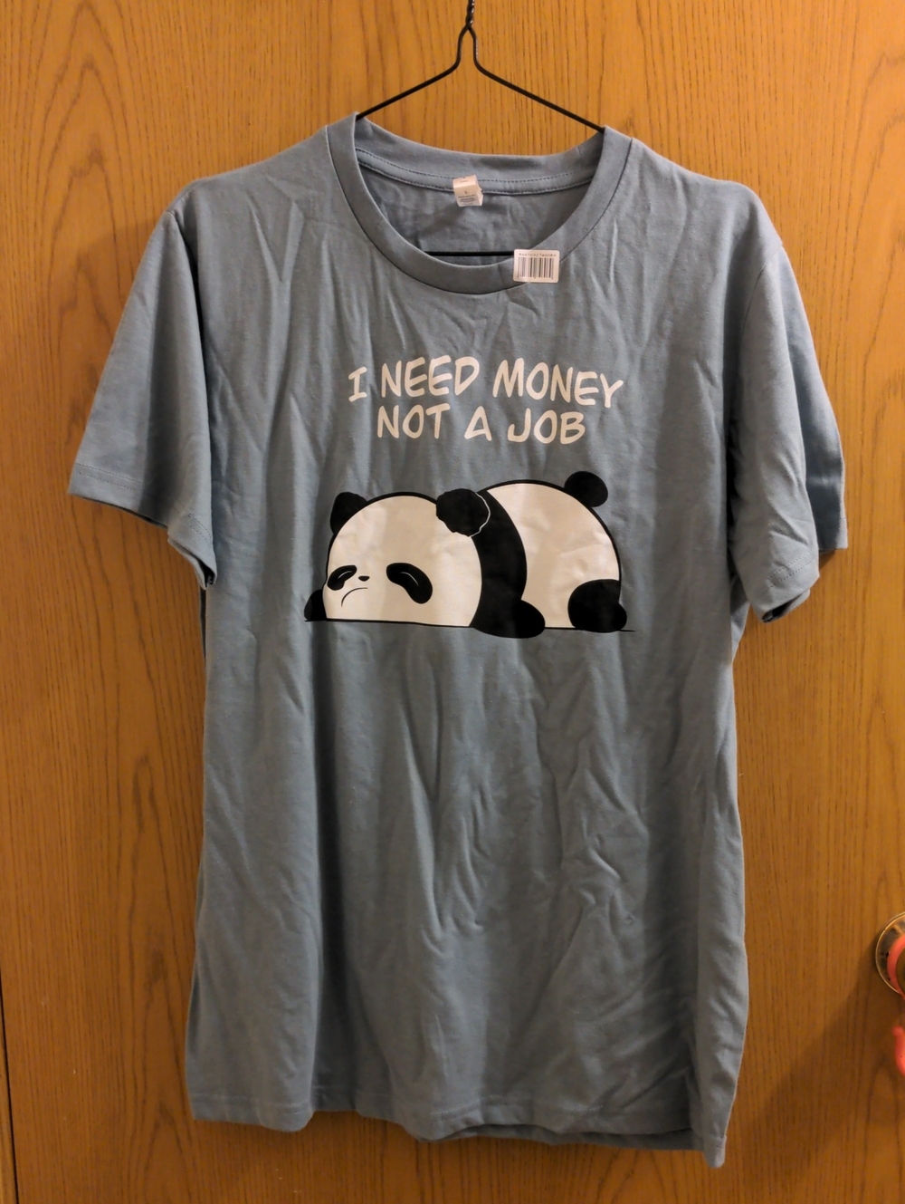 Unisex Light Blue Graphic T-Shirt - 'I Need Money Not A Job' Panda